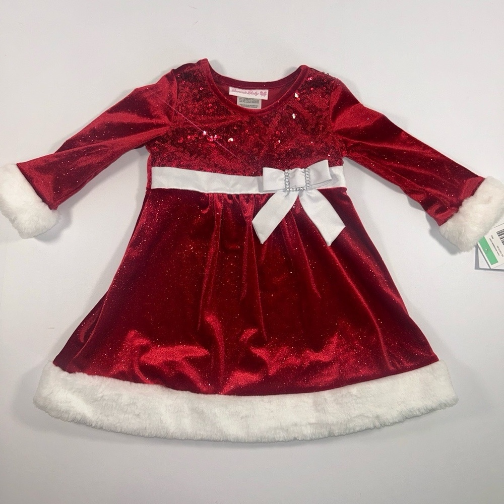 NWT Bonnie Baby Dress Girls 18M Red Christmas Sequined Faux Fur Trim Festive